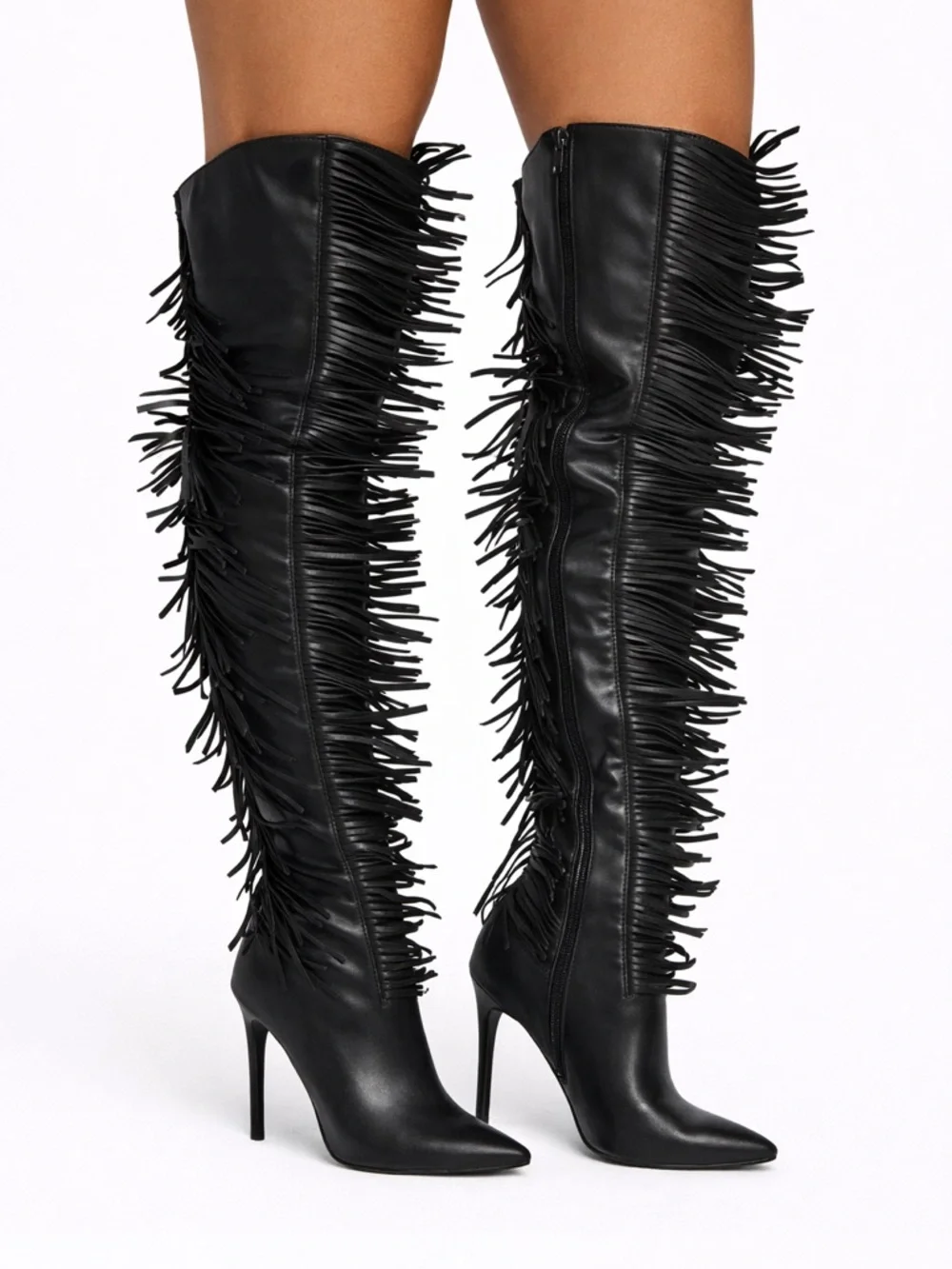 Azalea Wang Katrice Black Fringe Thigh High Boots Stiletto  Sizes 6.5 thru 11